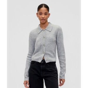 NWT GAP Womens Ribbed Polo Cardigan Sweater Heather Grey XL Preppy Luxury